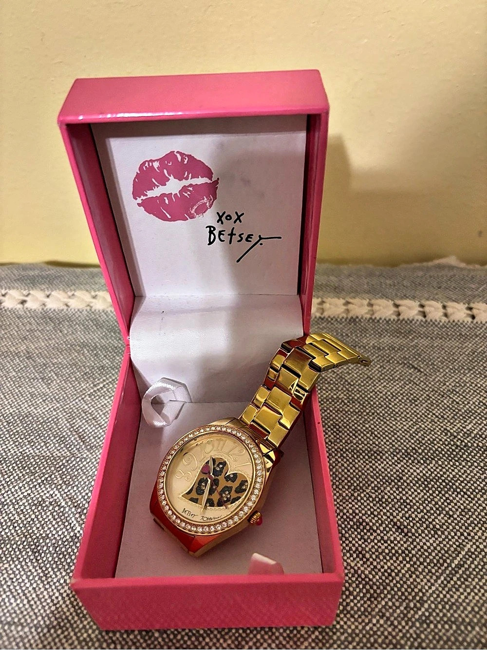 Betsey Johnson Gold Tone Crystal Heart Leopard Dial Watch